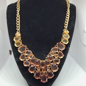 Aldo Statement Bib Necklace Multi Color Gold Tone Chain Yellow Pink Amber